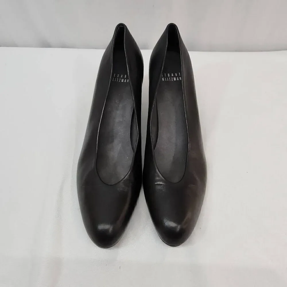 Stuart Weitzman Size 8 Black Leather Women's Wedge Slip On Almond Toe Heel Pumps - Picture 6 of 10